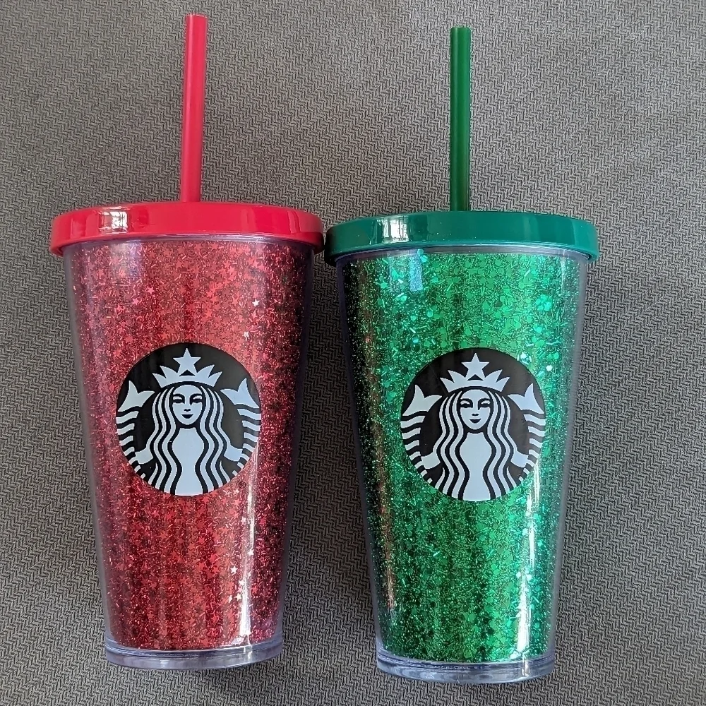 Starbucks Holiday Glitter 16 oz Tumblers SET OF 2 Red Green